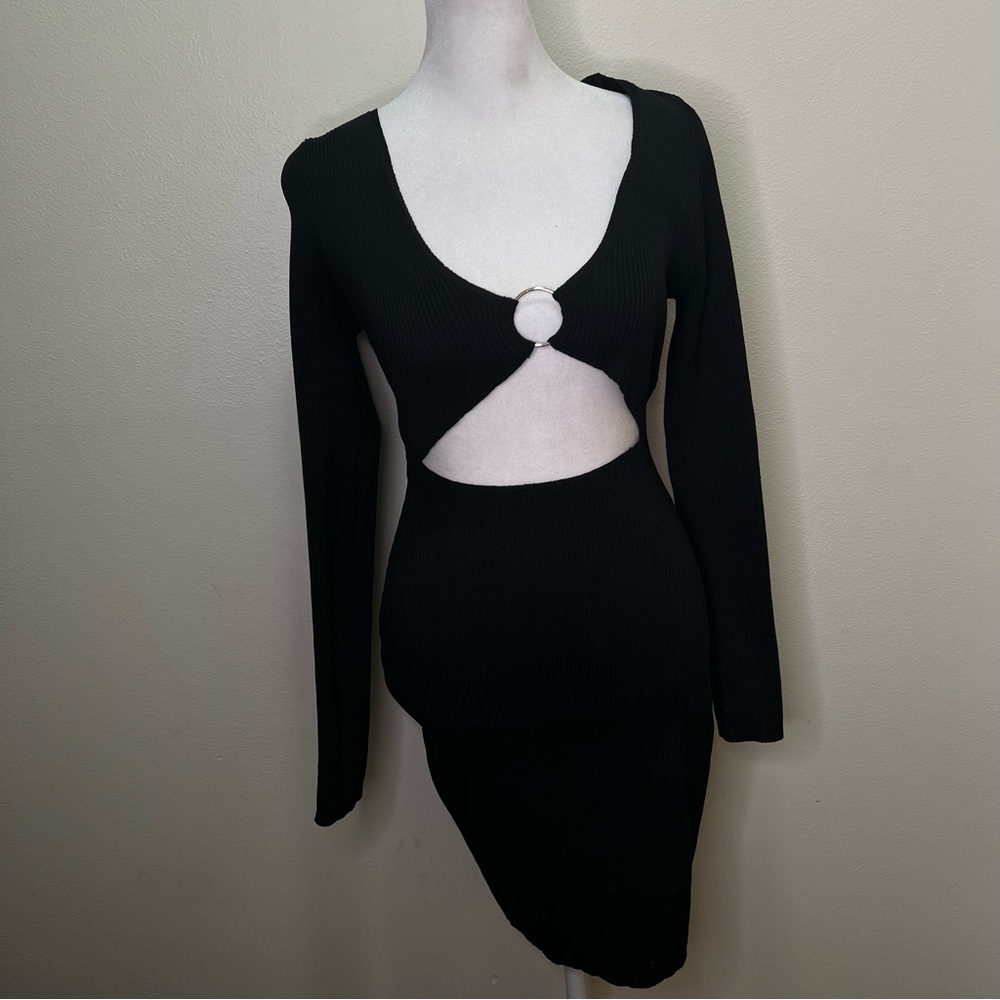Pretty little thing black ribbed knitted long sleeve Cut-Out Dress size M